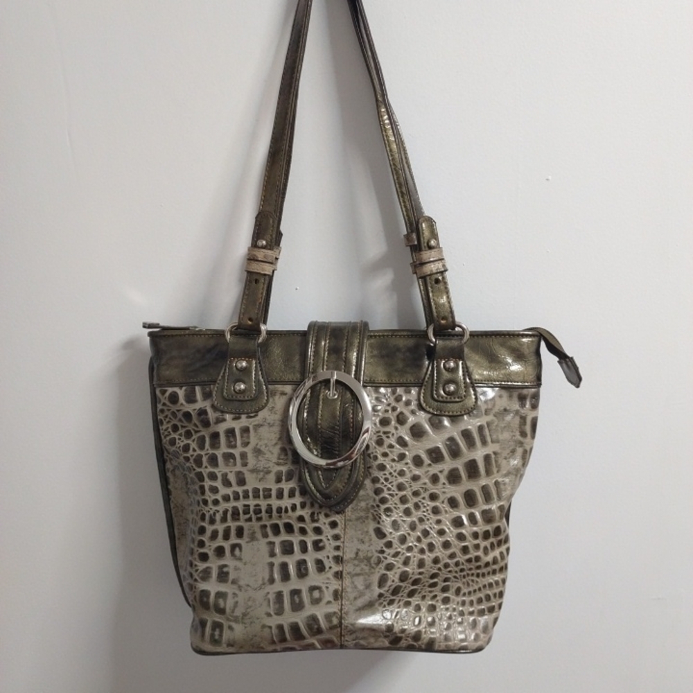 Stylish Crocodile Patterned Tote Bag - Gray Metallic and Cream By M.C
